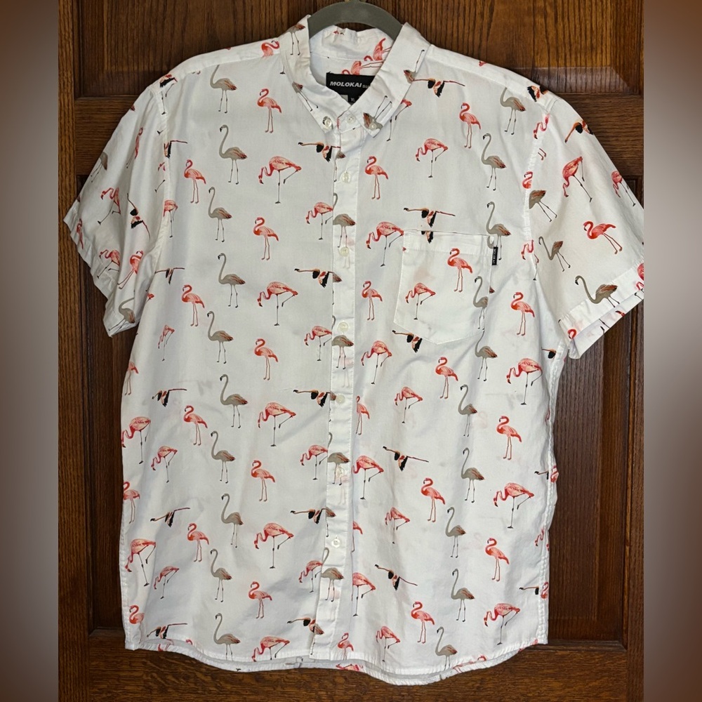 Molokai Surf Co Shirt Men’s Size XL White Flamingo Summer Lightweight